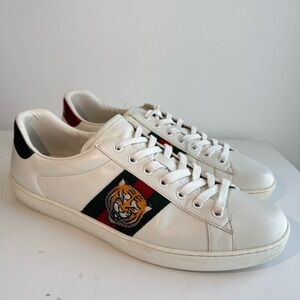 Gucci White Tiger Face Leather Sneakers Size 10.5G Made In Italy
